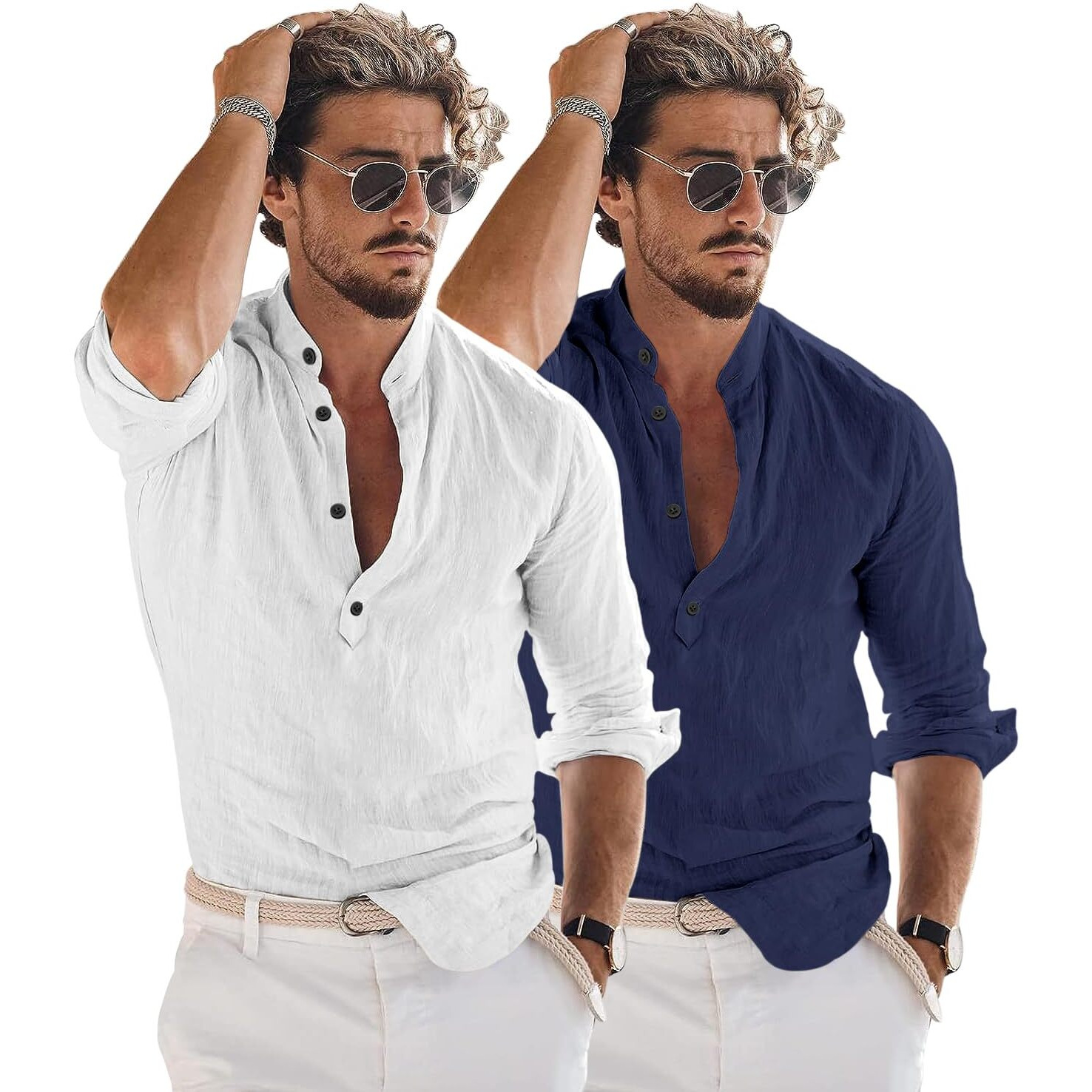 Bellstone Men's Cotton Blend Solid Regular Dress Shirt (Kurta1600_Combo_White & Navy_2Xl