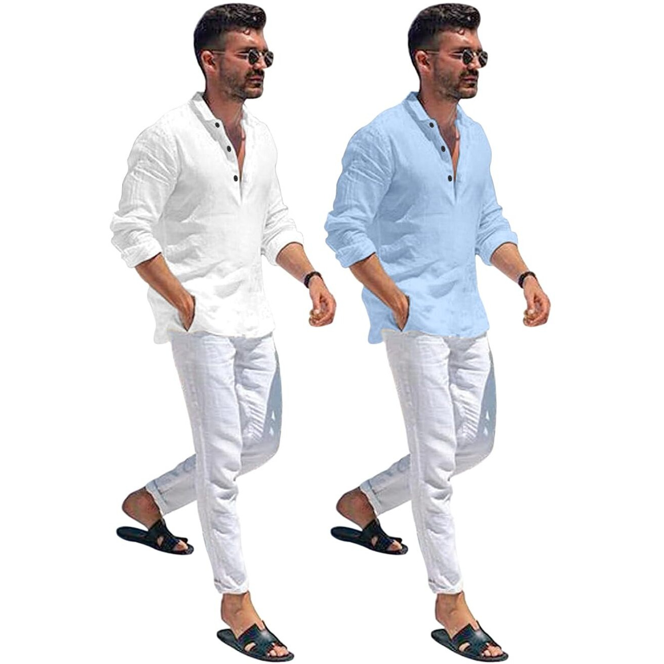 Bellstone Men's Solid Regular Fit Dress Shirt (Kurta1600_Combo_White & Sky_2Xl