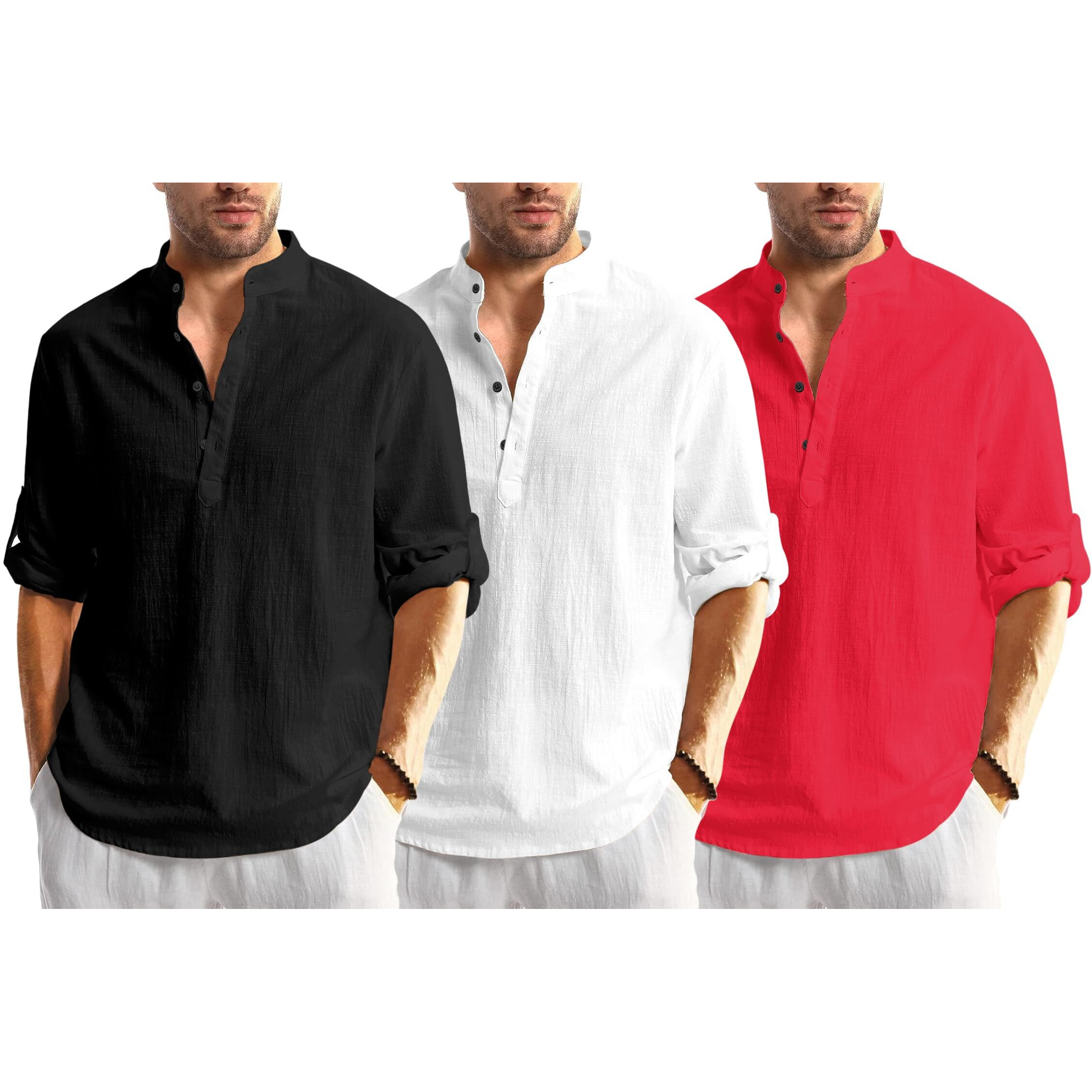 Bellstone Men's Cotton Blend Solid Regular Dress Shirt (Kurta1600_Triple_Black-White-Red_2Xl
