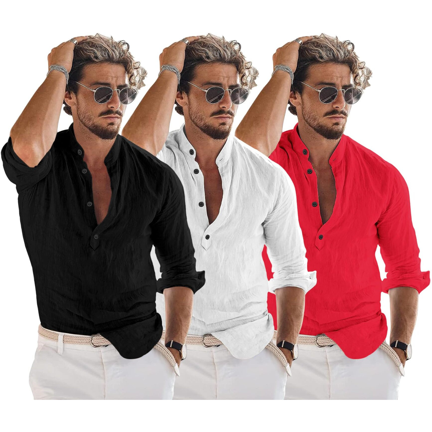 Bellstone Men's Cotton Blend Solid Regular Dress Shirt (Kurta1600_Triple_Black-White-Red_2Xl