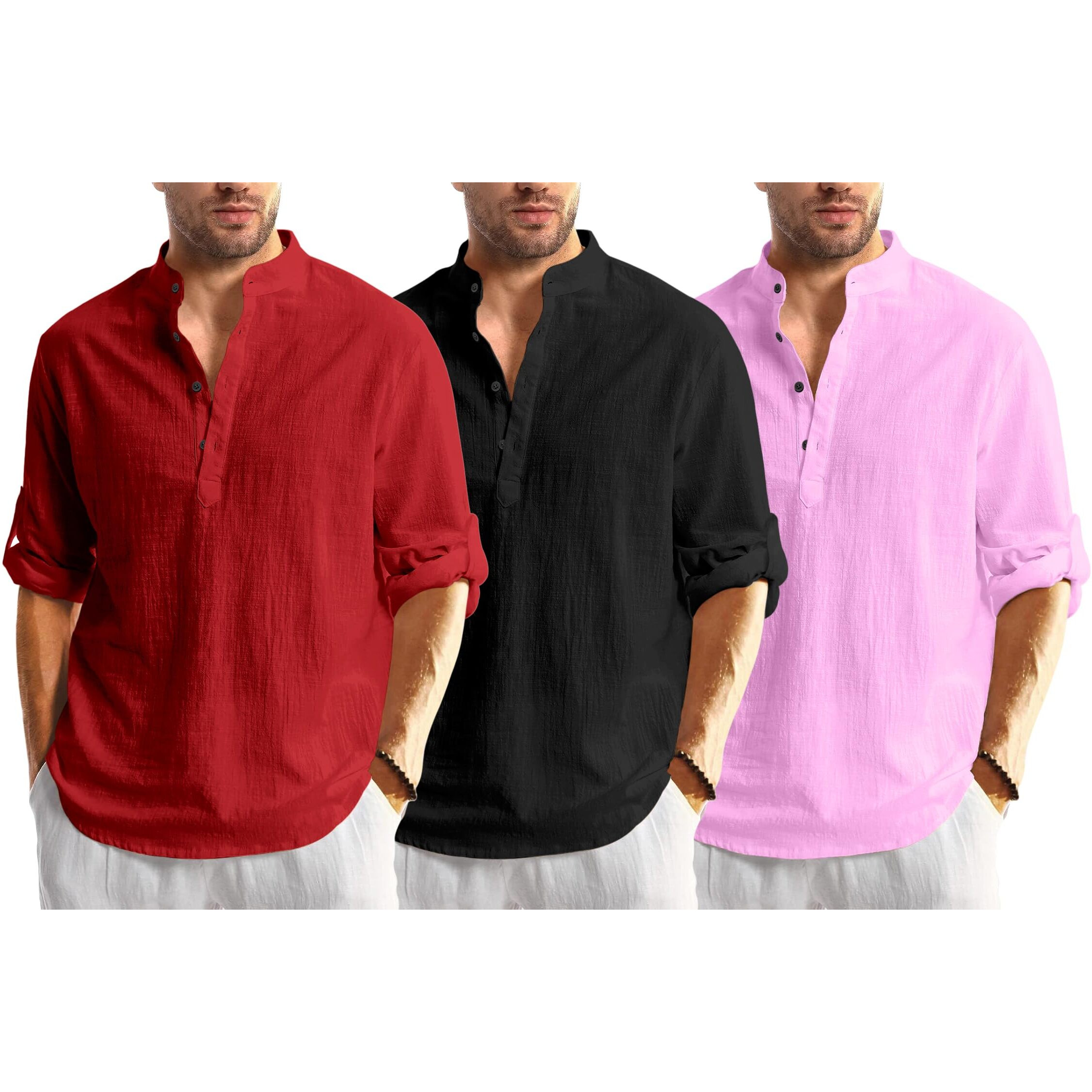 Bellstone Men's Cotton Blend Solid Regular Dress Shirt (Kurta1600_Triple_Maroon-Black-Pink_2Xl