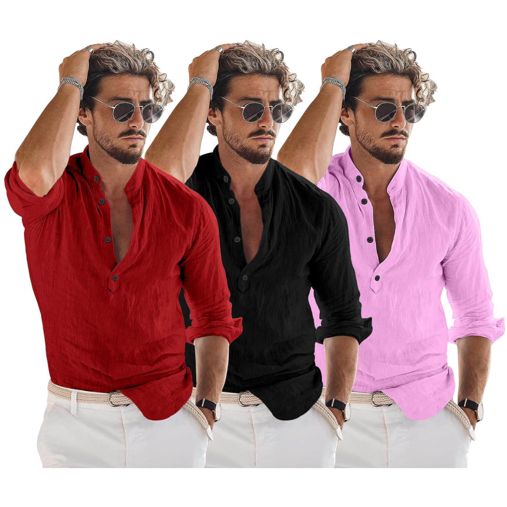 Bellstone Men's Cotton Blend Solid Regular Dress Shirt (Kurta1600_Triple_Maroon-Black-Pink_2Xl
