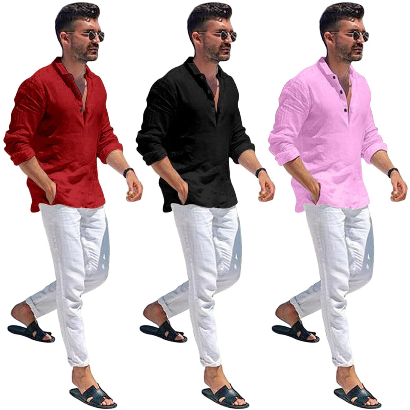 Bellstone Men's Cotton Blend Solid Regular Dress Shirt (Kurta1600_Triple_Maroon-Black-Pink_2Xl