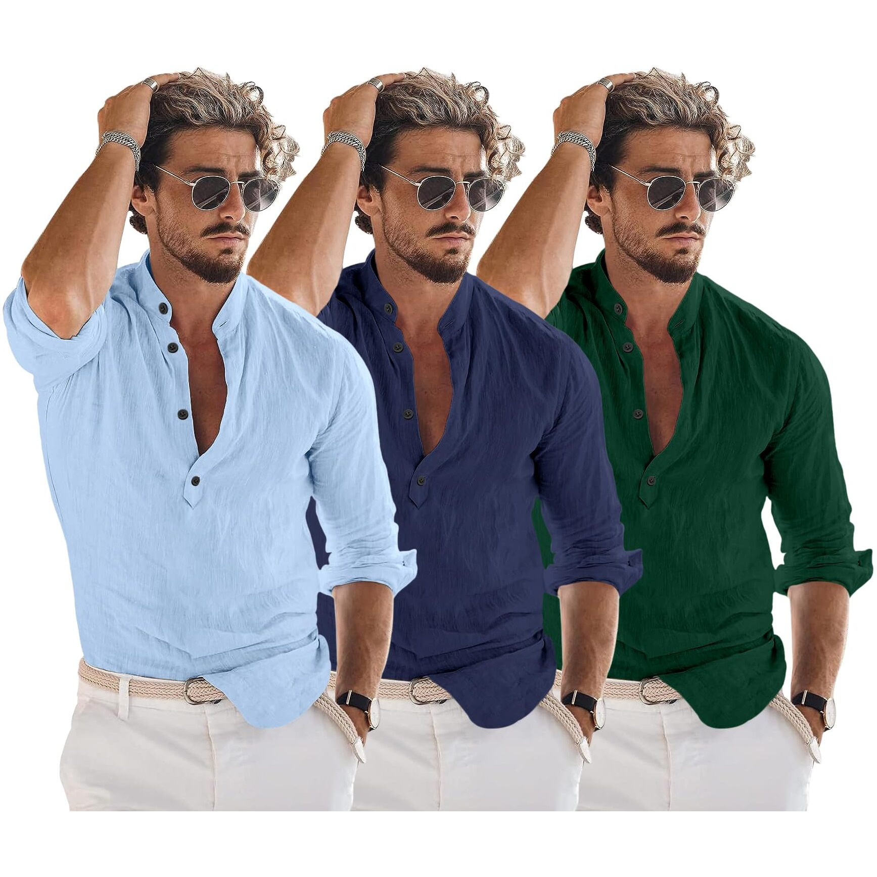 Bellstone Men's Cotton Blend Solid Regular Dress Shirt (Kurta1600_Triple_Sky-Navy-Darkgreen_2Xl