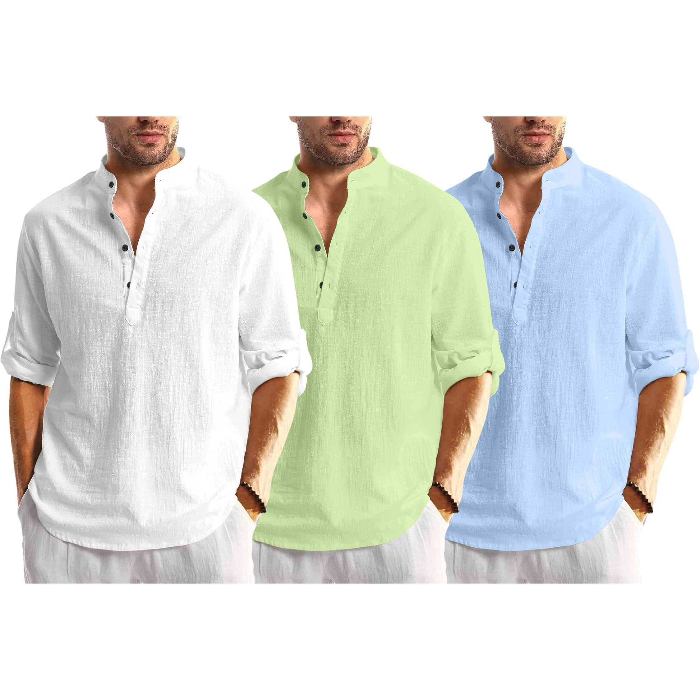 Bellstone Men's Cotton Blend Solid Regular Dress Shirt (Kurta1600_Triple_White-Lgreen-Sky_2Xl Lightgreen