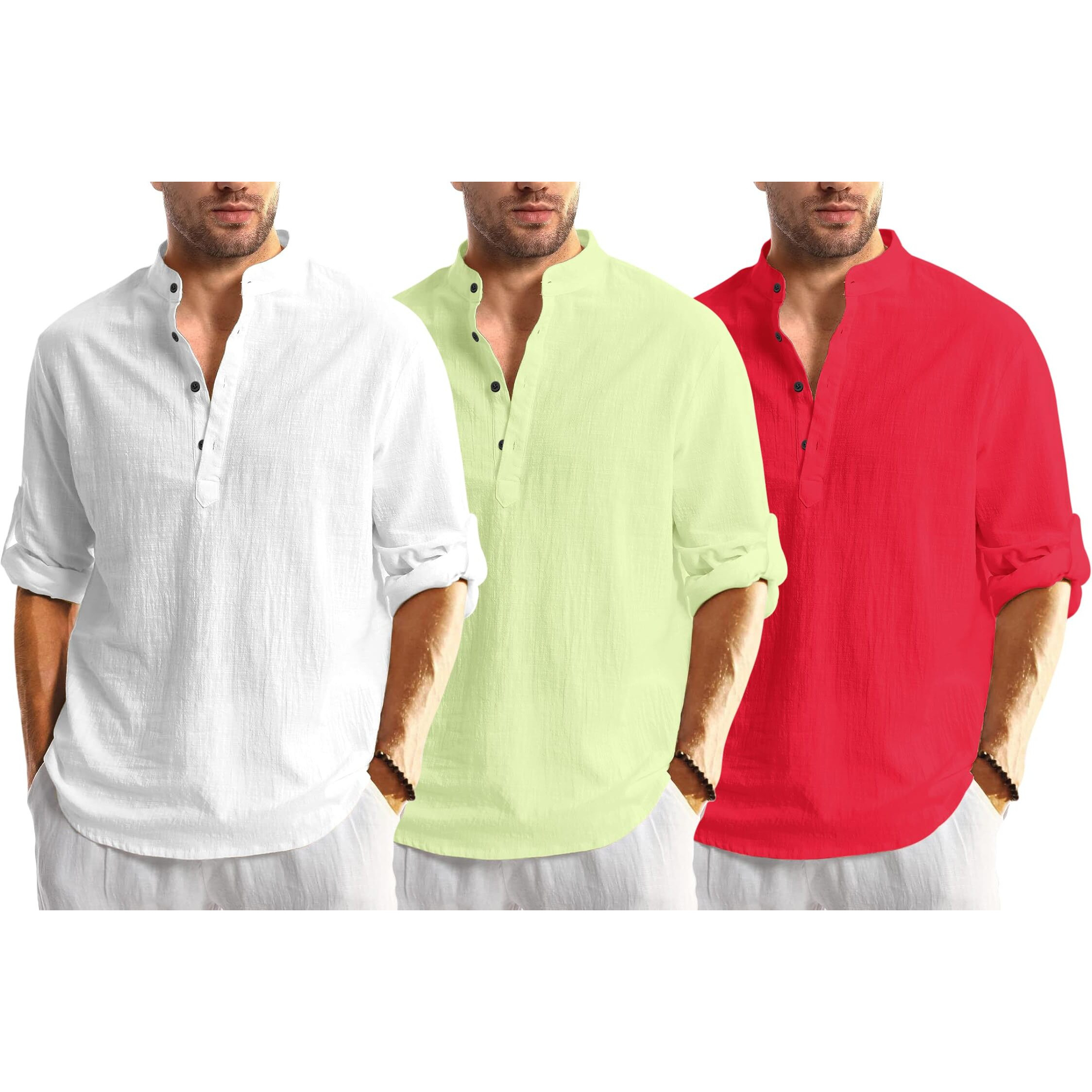 Bellstone Men's Cotton Blend Solid Regular Dress Shirt (Kurta1600_Triple_White-Lyellow-Red_2Xl Lightyellow