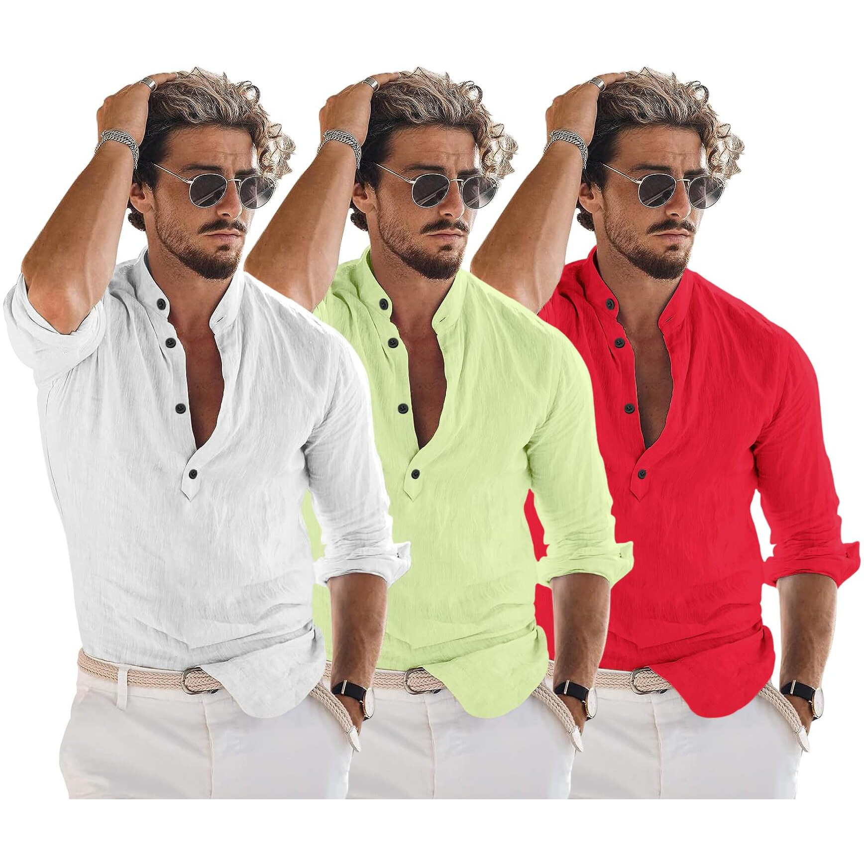 Bellstone Men's Cotton Blend Solid Regular Dress Shirt (Kurta1600_Triple_White-Lyellow-Red_2Xl Lightyellow