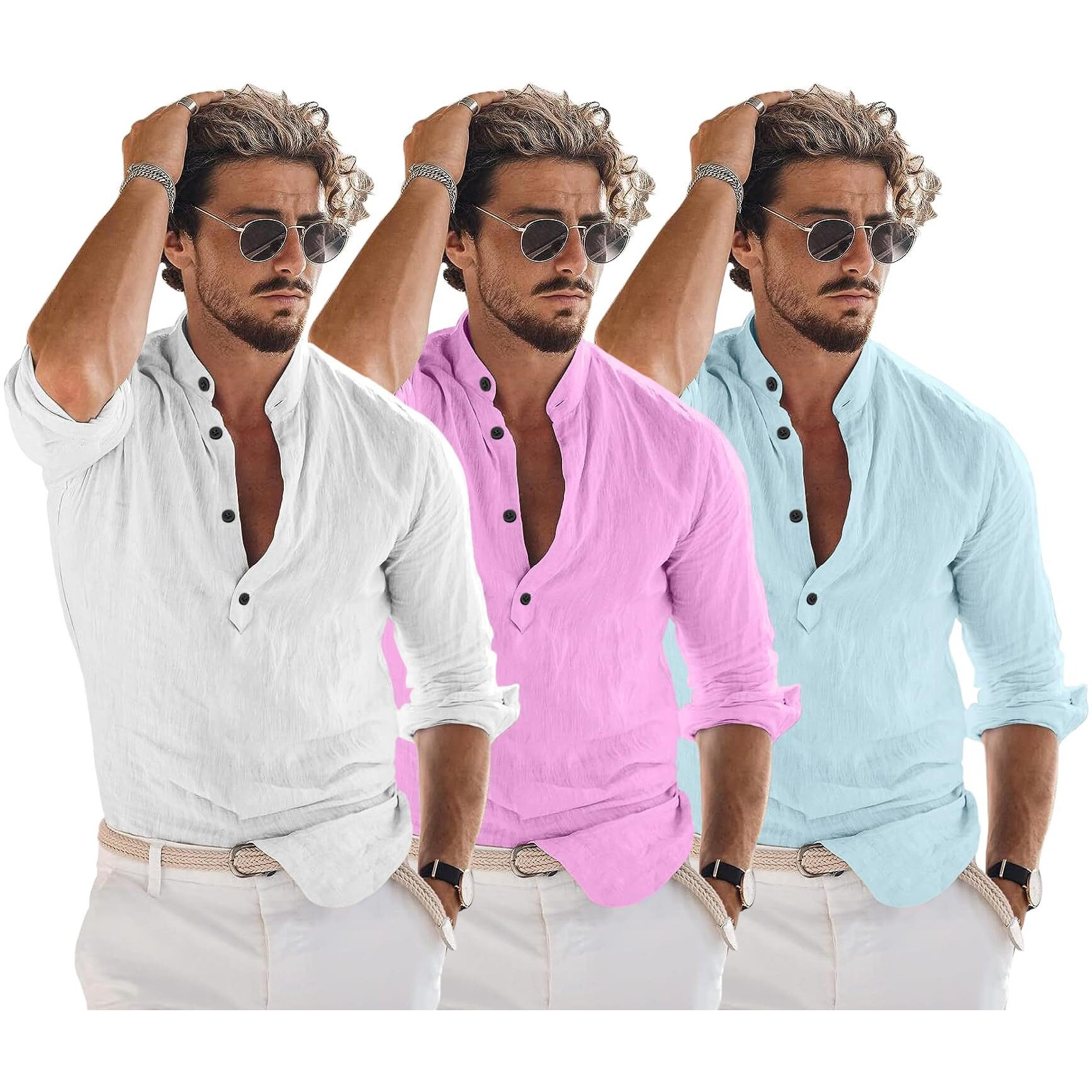 Bellstone Men's Solid Regular Fit Dress Shirt (Kurta1600_Triple_White-Pink-Aqua_2Xl