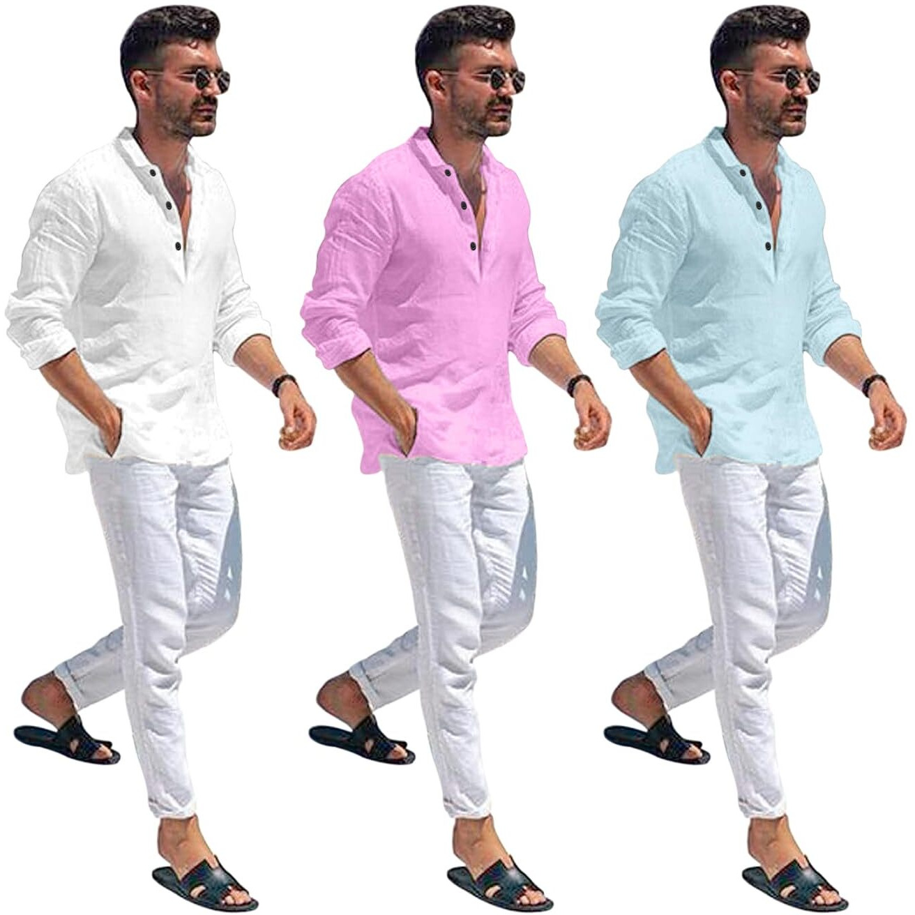 Bellstone Men's Solid Regular Fit Dress Shirt (Kurta1600_Triple_White-Pink-Aqua_2Xl