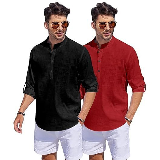 Bellstone Men's Cotton Blend Solid Regular Fit Dress Shirt (Kurta1500_Combo_Black & Maroon_2Xl)