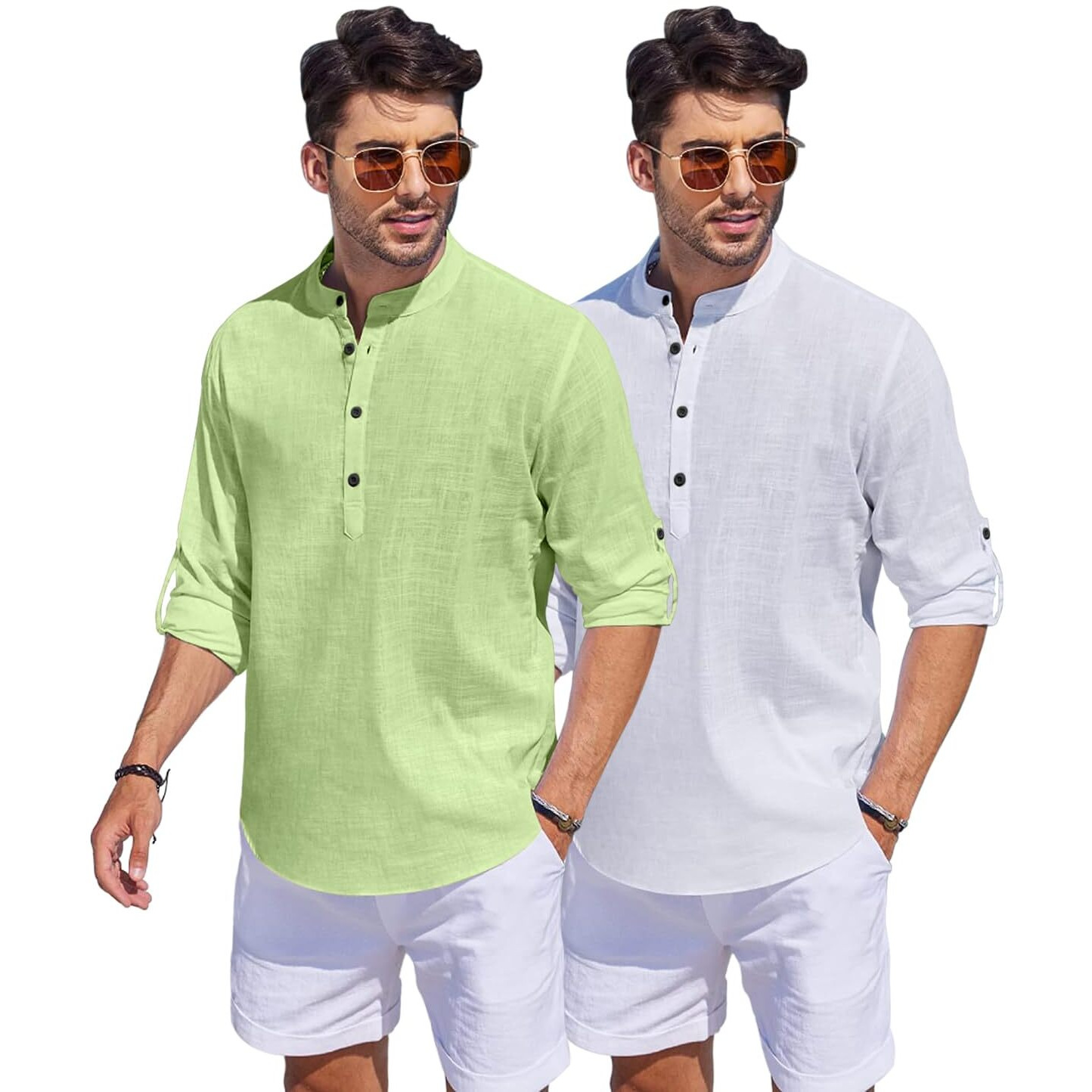 Bellstone Men's Cotton Blend Solid Regular Dress Shirt (Kurta1500_Combo_L Green & White_2Xl_Light