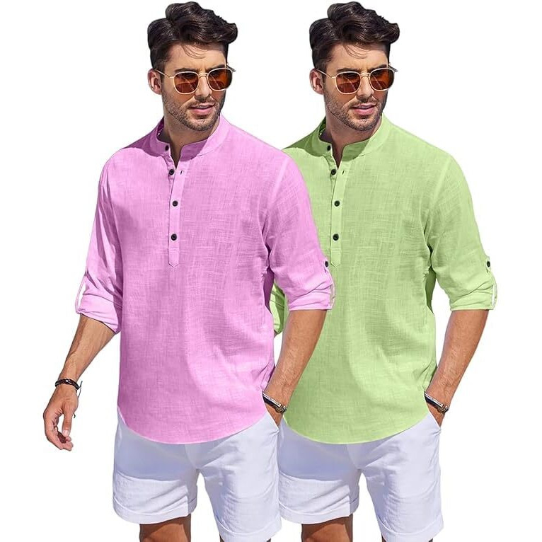 Bellstone Men's Cotton Blend Solid Regular Fit Dress Shirt (Kurta1500_Combo_L Pink & L Green_2Xl Light