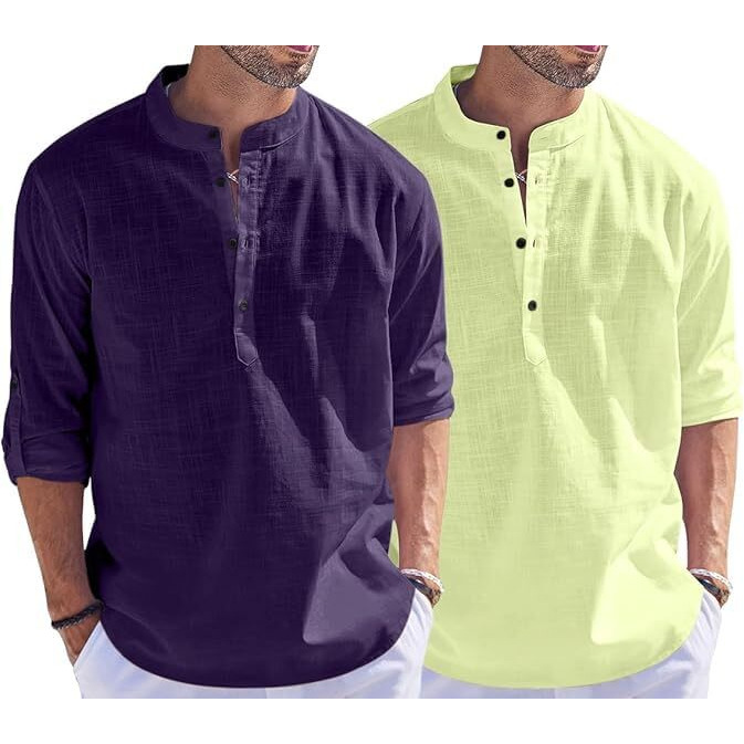 Bellstone Men's Cotton Blend Solid Regular Dress Shirt (Kurta1500_Combo_Purple & L Yellow_2Xl Light