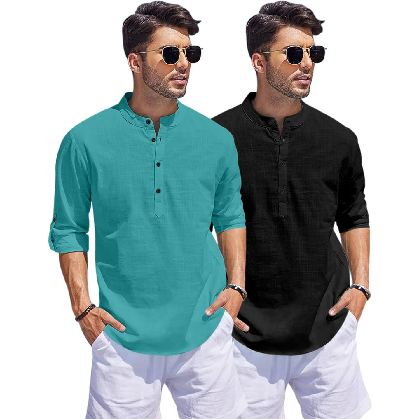 Bellstone Men's Cotton Blend Solid Regular Fit Dress Shirt (Kurta1500_Combo_Rama & Black_2Xl