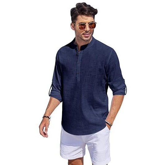 Bellstone Men's Cotton Blend Solid Regular Fit Dress Shirt (Kurta1500_Combo_White & Navy_2Xl
