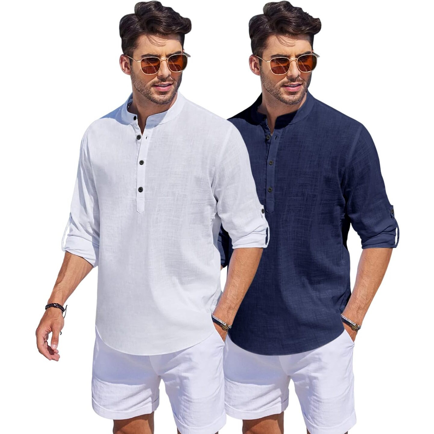 Bellstone Men's Cotton Blend Solid Regular Fit Dress Shirt (Kurta1500_Combo_White & Navy_2Xl
