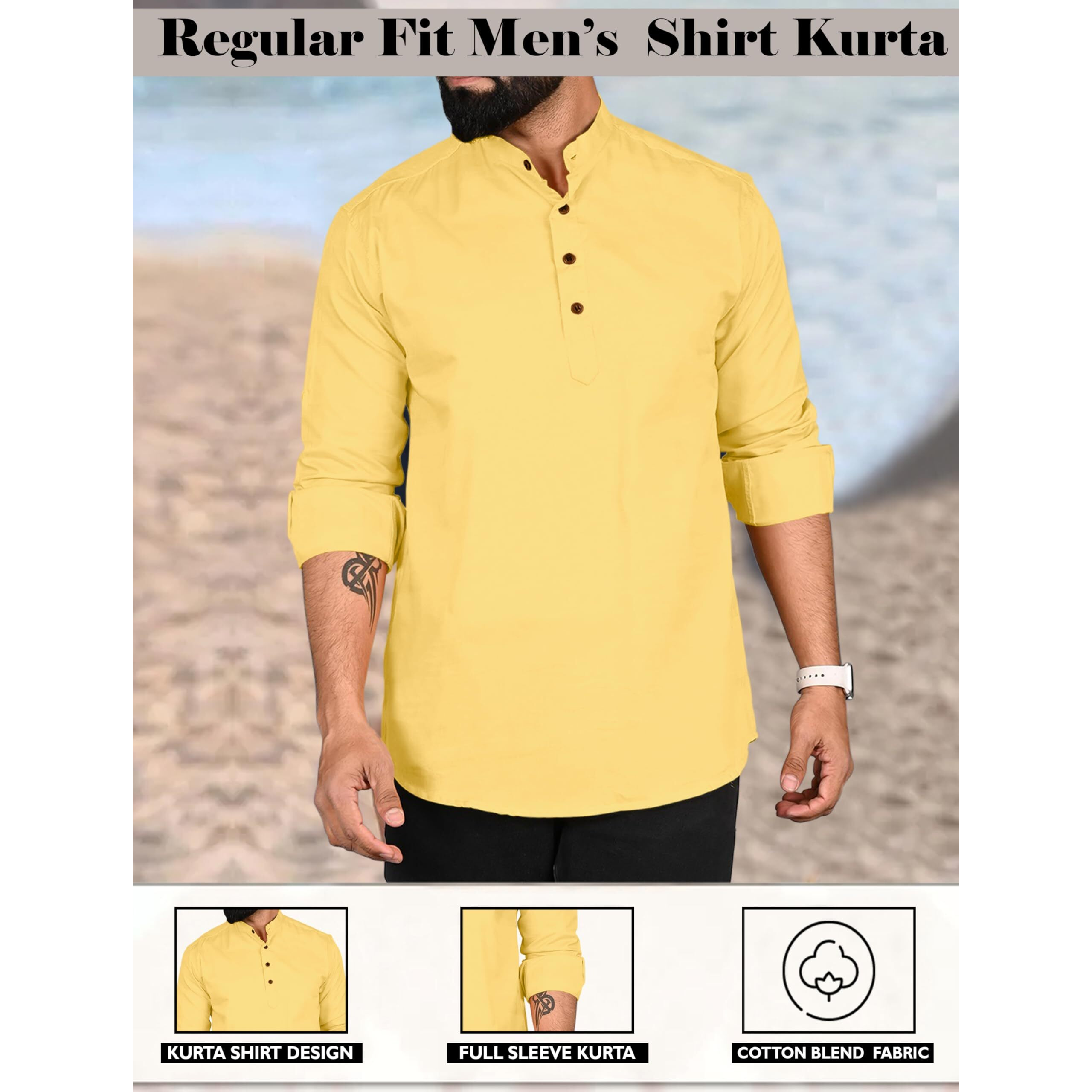 Royalscout Men's Cotton Polyester Blend Solid Regular Fit Full Sleeve Short Kurta Yellow