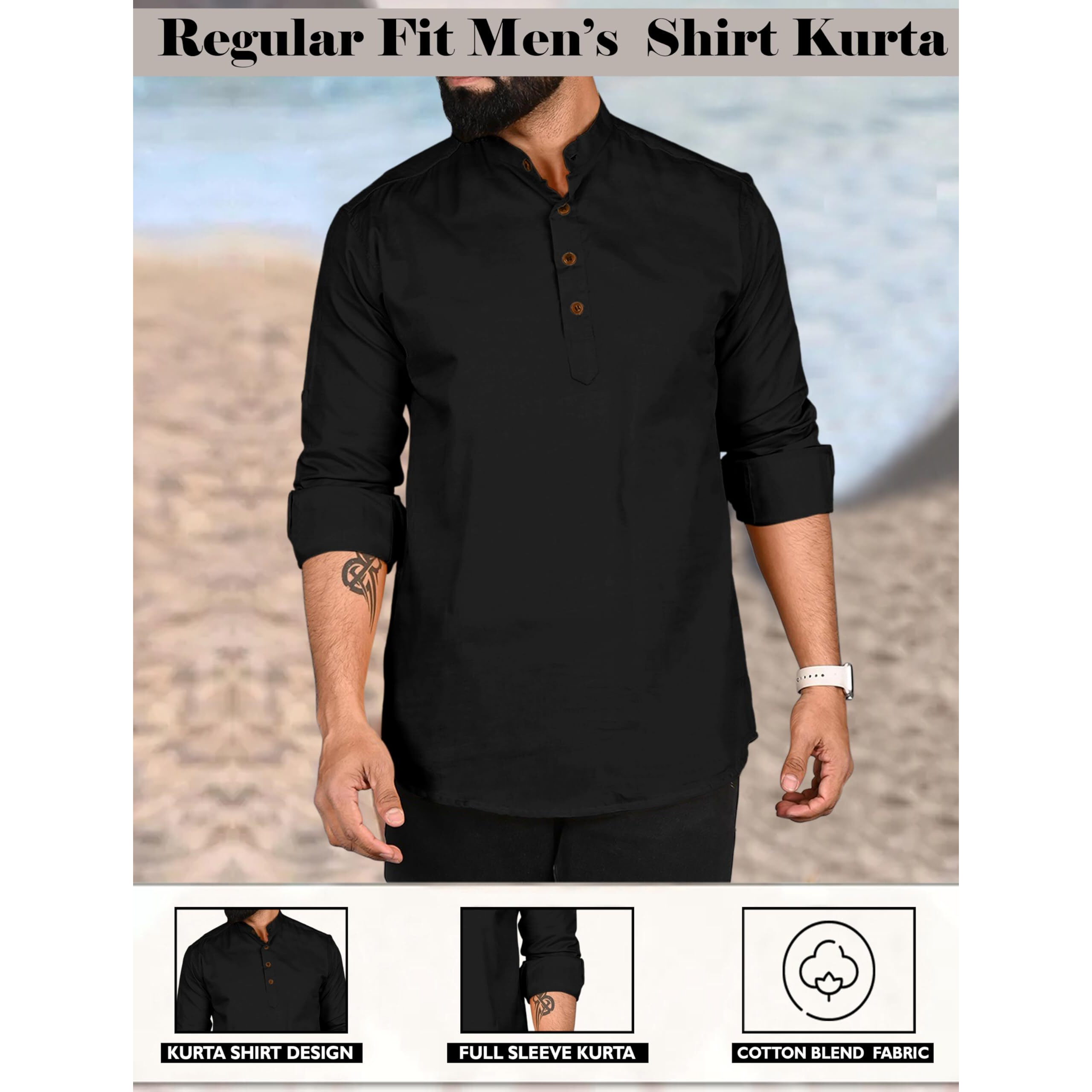Royalscout Men's Cotton Polyester Blend Solid Regular Fit Full Sleeve Short Kurta Black