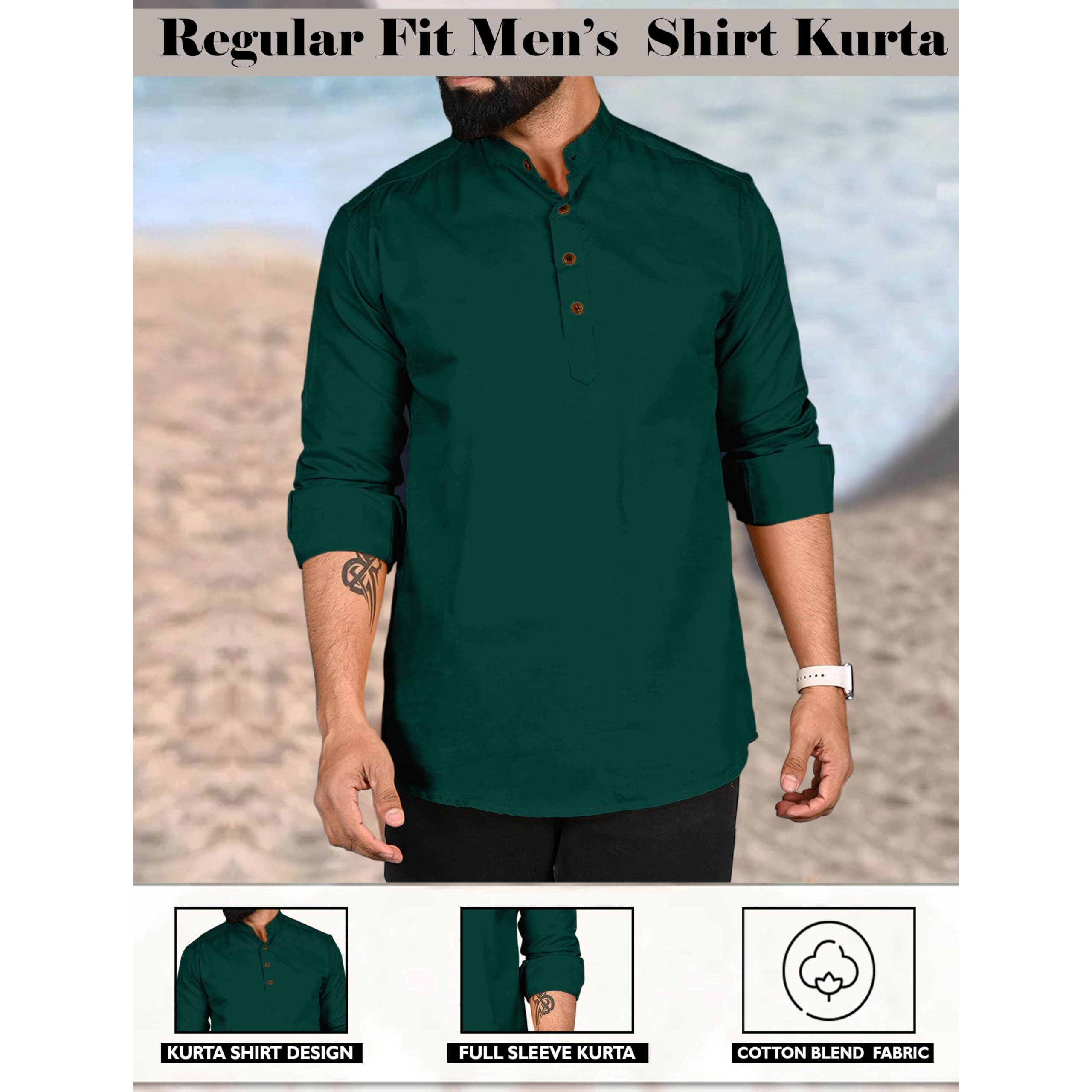 Royalscout Men's Cotton Polyester Blend Solid Regular Fit Full Sleeve Short Kurta Green