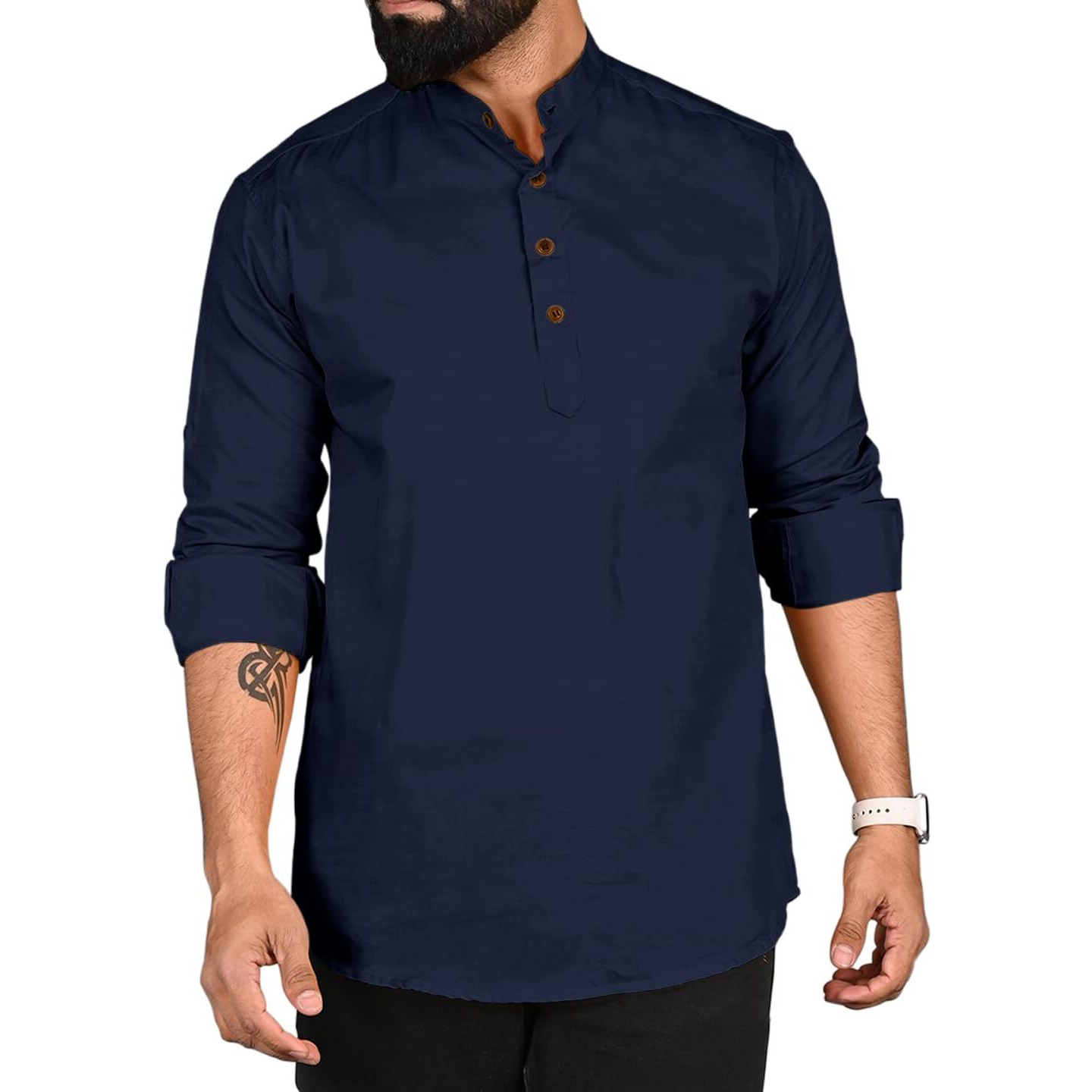 Royalscout Men's Cotton Polyester Blend Solid Regular Fit Full Sleeve Short Kurta Navy
