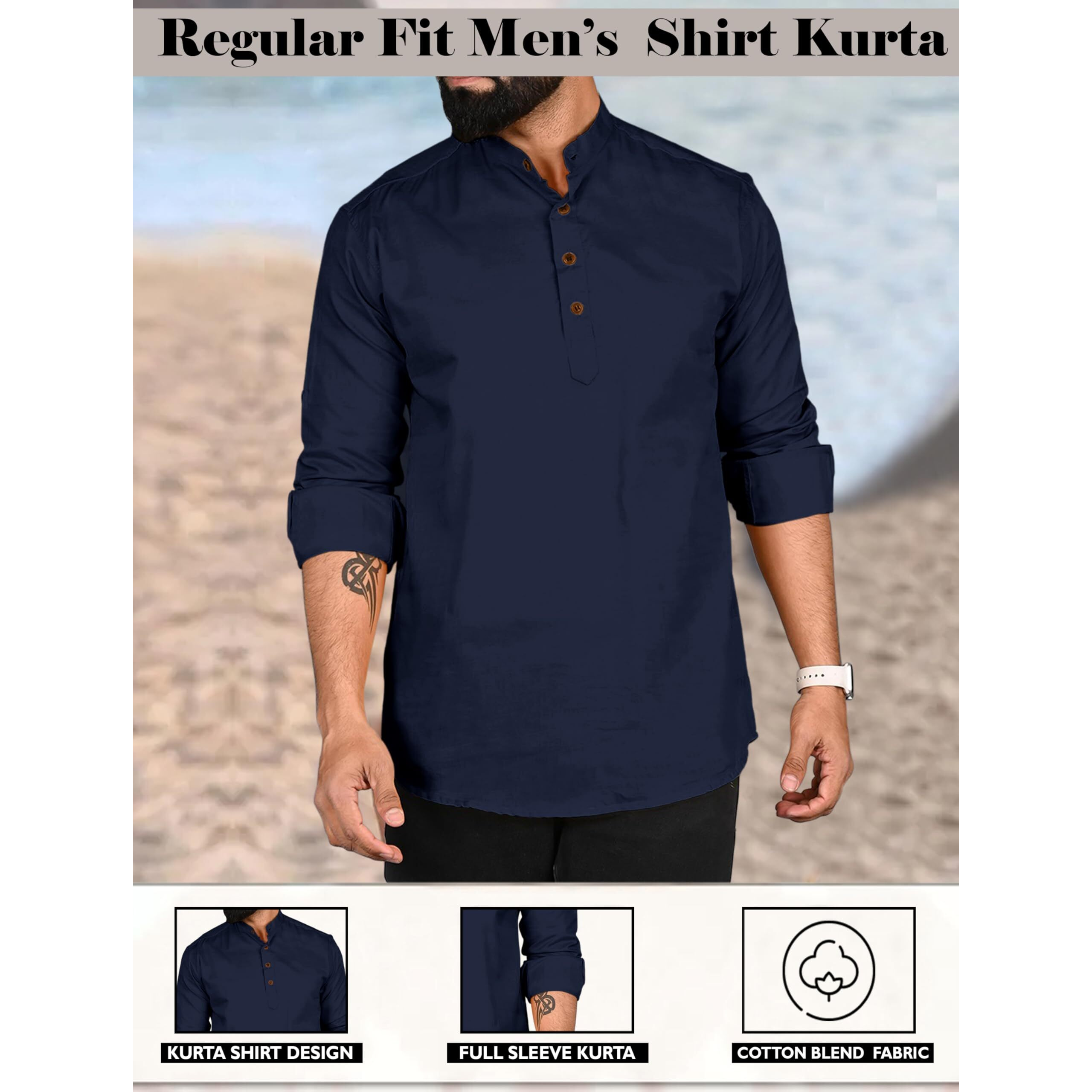 Royalscout Men's Cotton Polyester Blend Solid Regular Fit Full Sleeve Short Kurta Navy