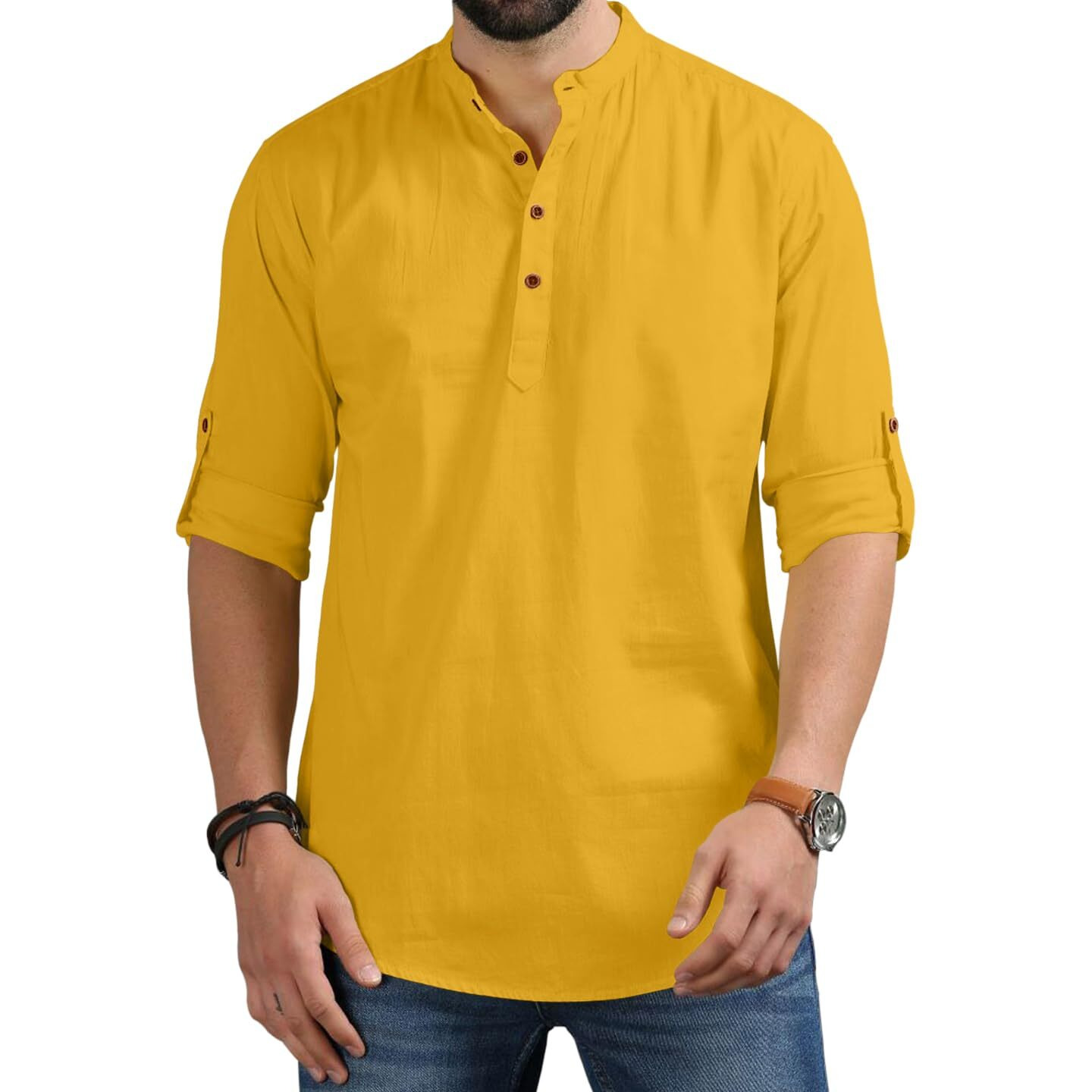 Royalscout Men's Cotton Polyester Blend Solid Regular Fit Full Sleeve Short Kurta Gold