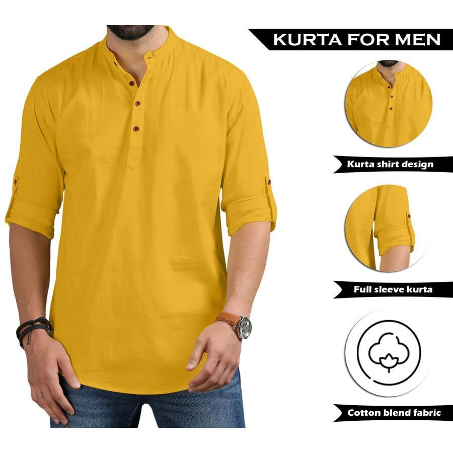 Royalscout Men's Cotton Polyester Blend Solid Regular Fit Full Sleeve Short Kurta Gold