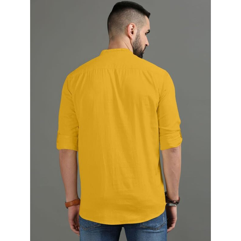 Royalscout Men's Cotton Polyester Blend Solid Regular Fit Full Sleeve Short Kurta Gold