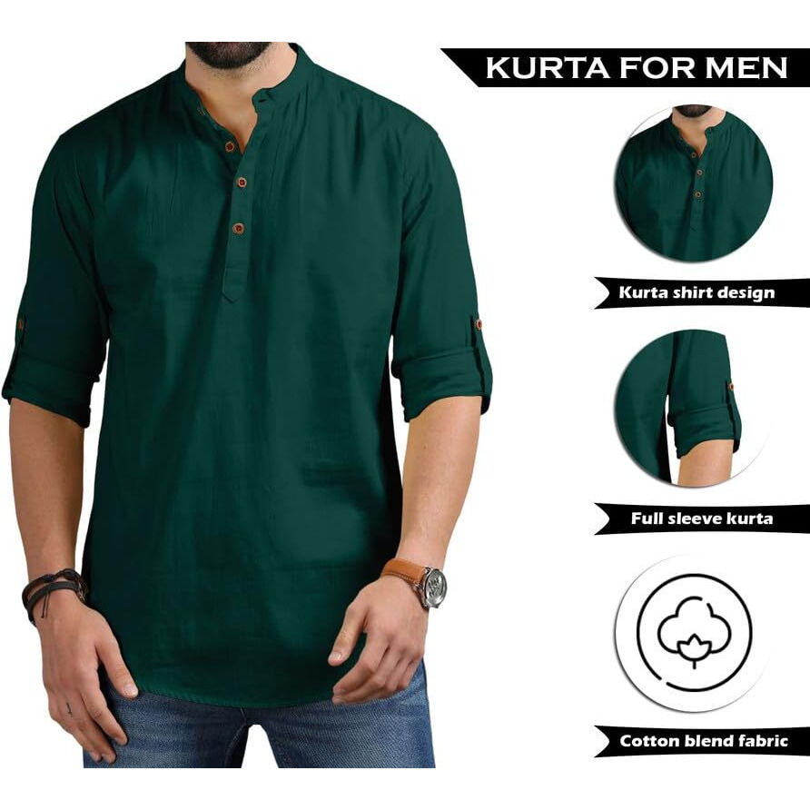 Royalscout Men's Cotton Polyester Blend Solid Regular Fit Full Sleeve Short Kurta Green