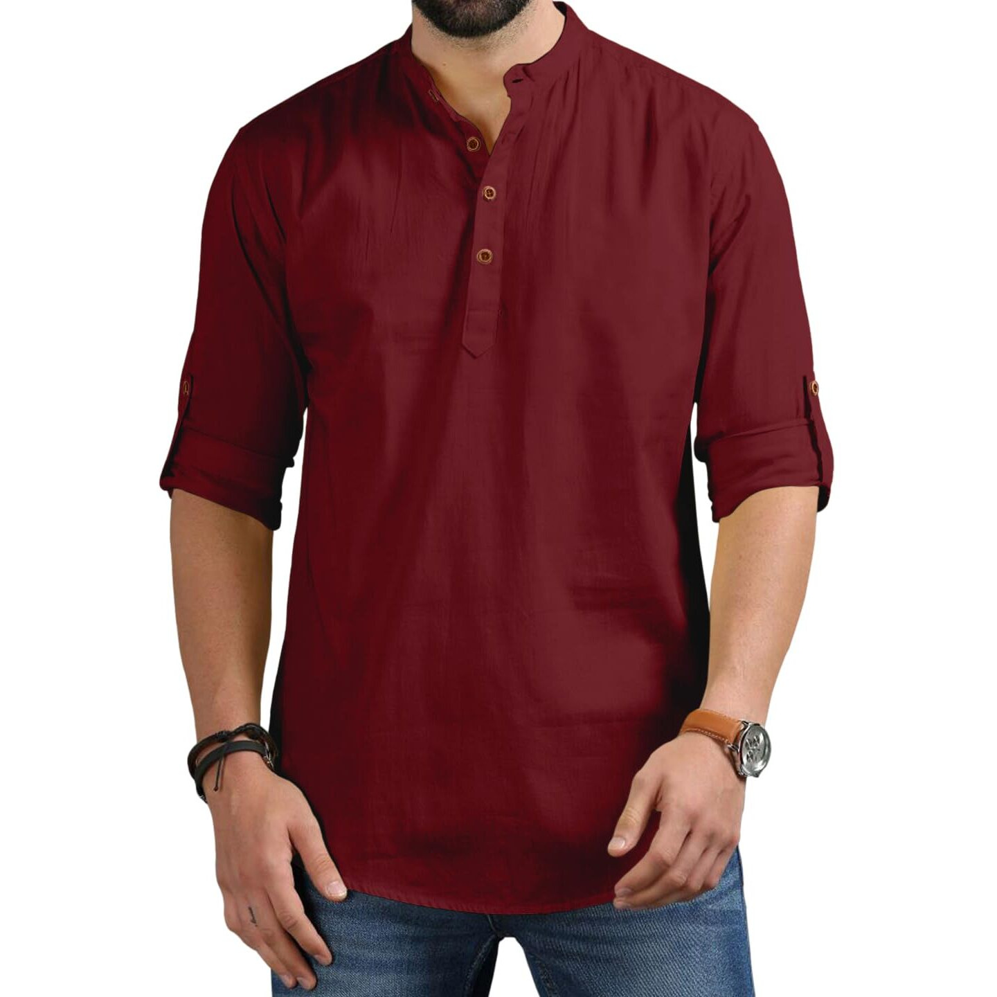 Royalscout Men's Cotton Polyester Blend Solid Regular Fit Full Sleeve Short Kurta Maroon