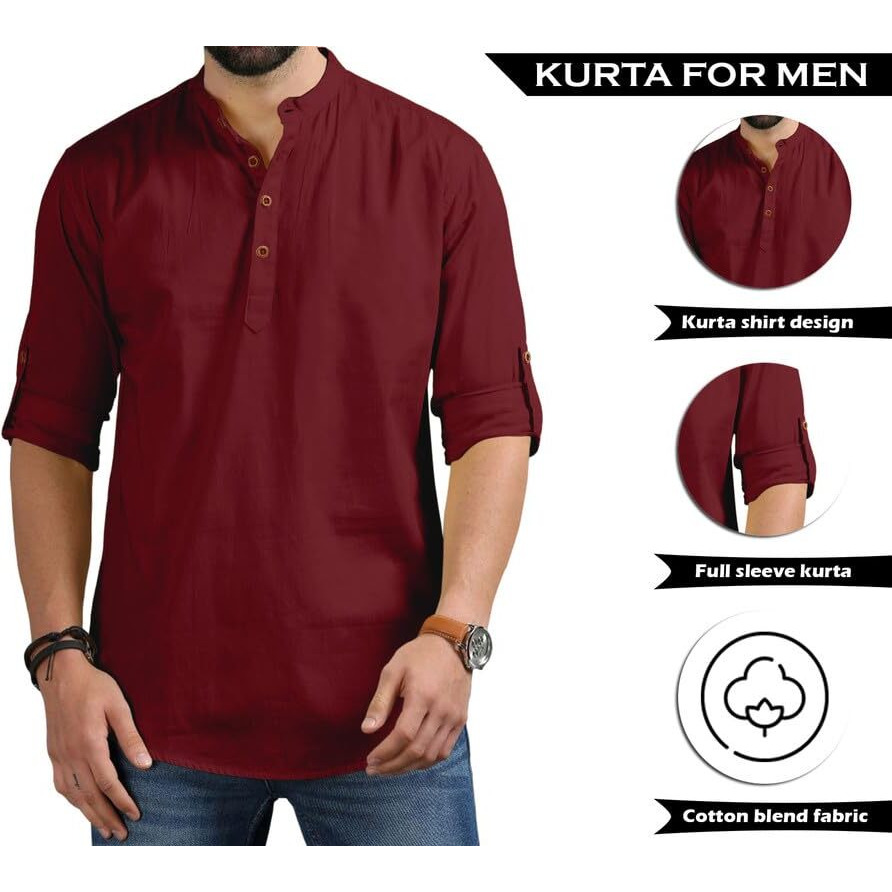 Royalscout Men's Cotton Polyester Blend Solid Regular Fit Full Sleeve Short Kurta Maroon