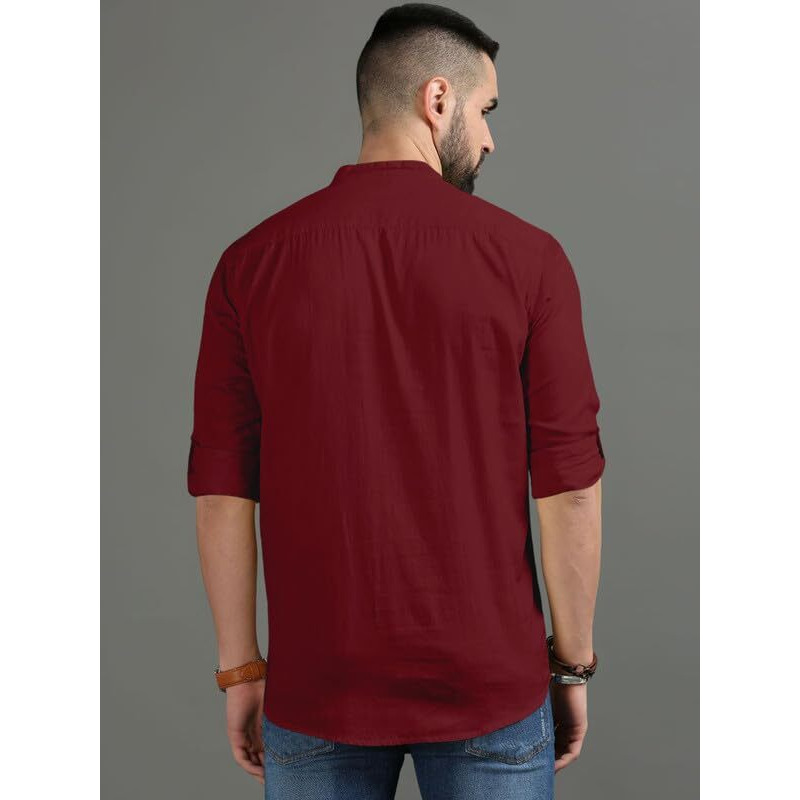 Royalscout Men's Cotton Polyester Blend Solid Regular Fit Full Sleeve Short Kurta Maroon