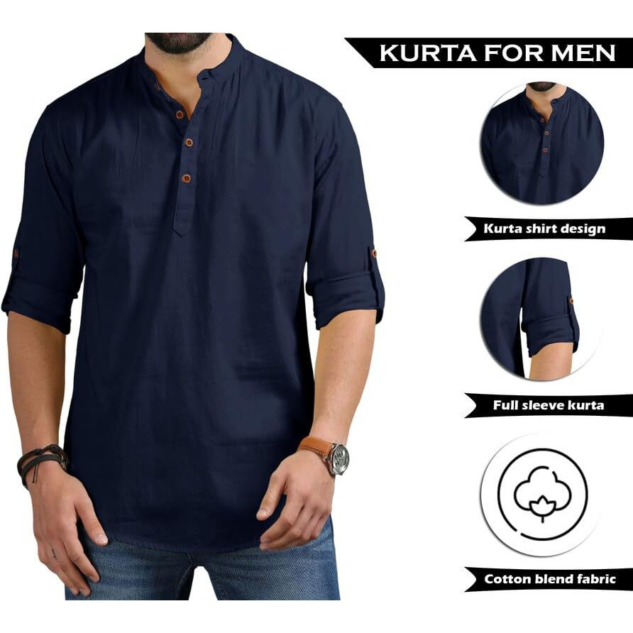 Royalscout Men's Cotton Polyester Blend Solid Regular Fit Full Sleeve Short Kurta Navy