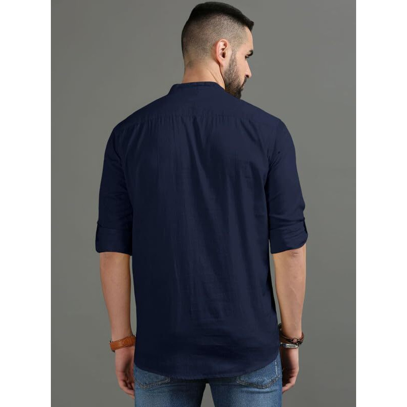 Royalscout Men's Cotton Polyester Blend Solid Regular Fit Full Sleeve Short Kurta Navy