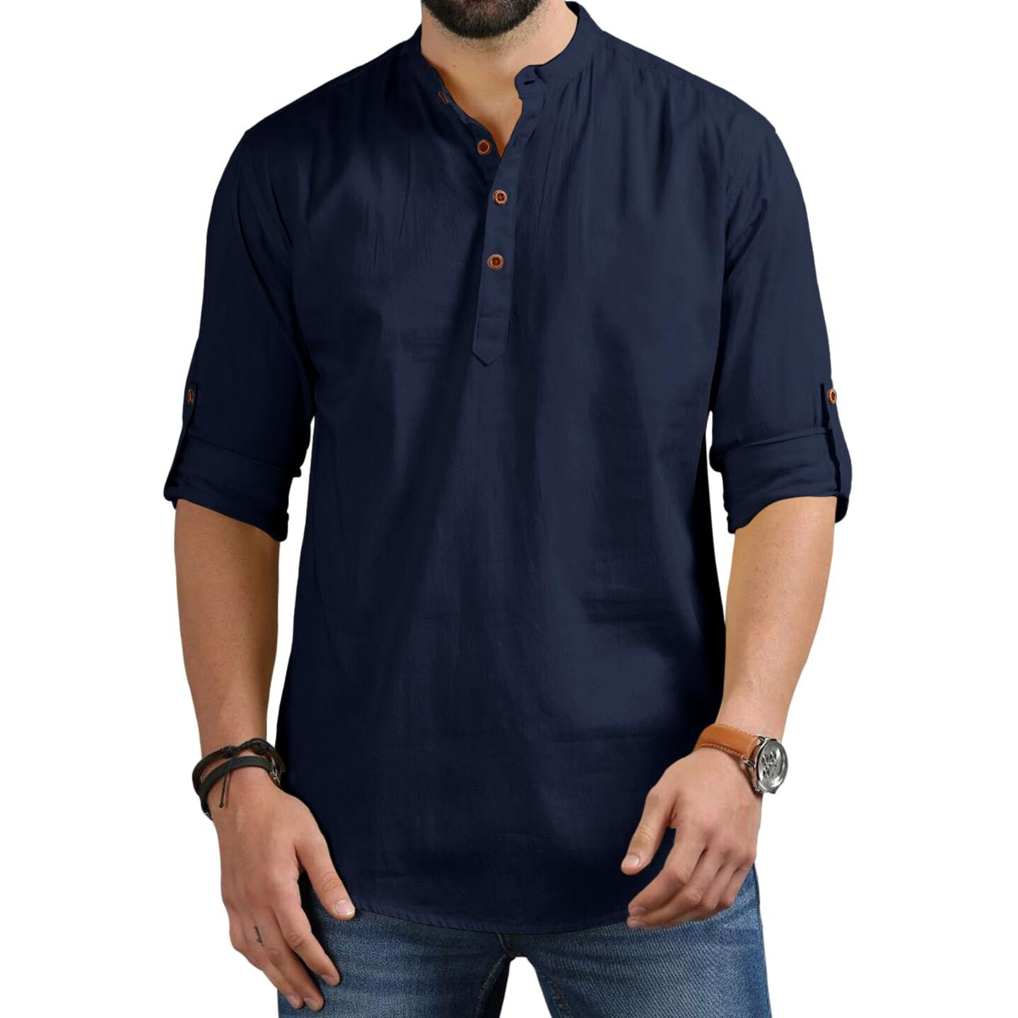 Royalscout Men's Cotton Polyester Blend Solid Regular Fit Full Sleeve Short Kurta Navy