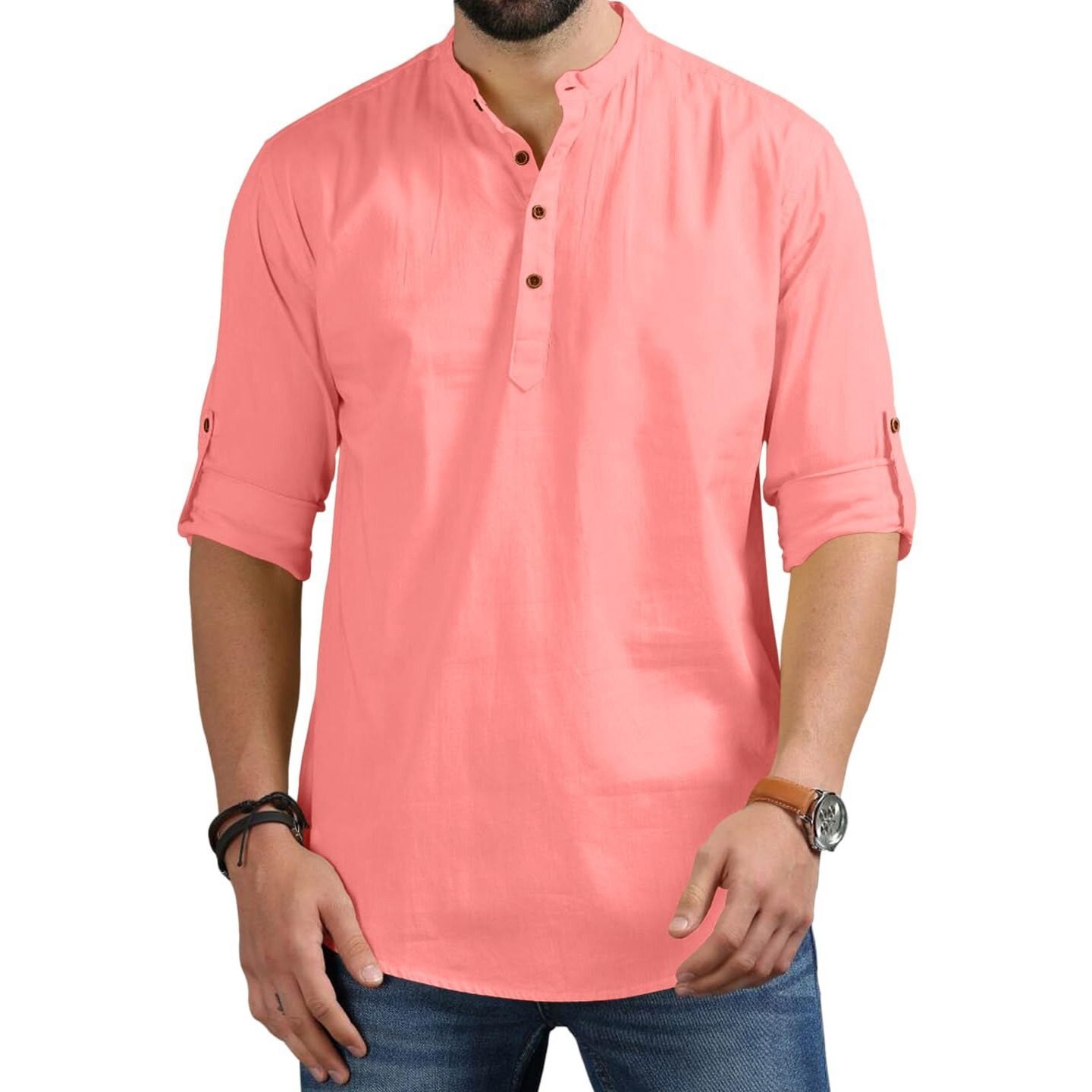 Royalscout Men's Cotton Polyester Blend Solid Regular Fit Full Sleeve Short Kurta Peach