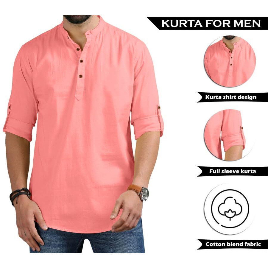 Royalscout Men's Cotton Polyester Blend Solid Regular Fit Full Sleeve Short Kurta Peach