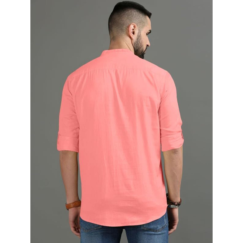 Royalscout Men's Cotton Polyester Blend Solid Regular Fit Full Sleeve Short Kurta Peach