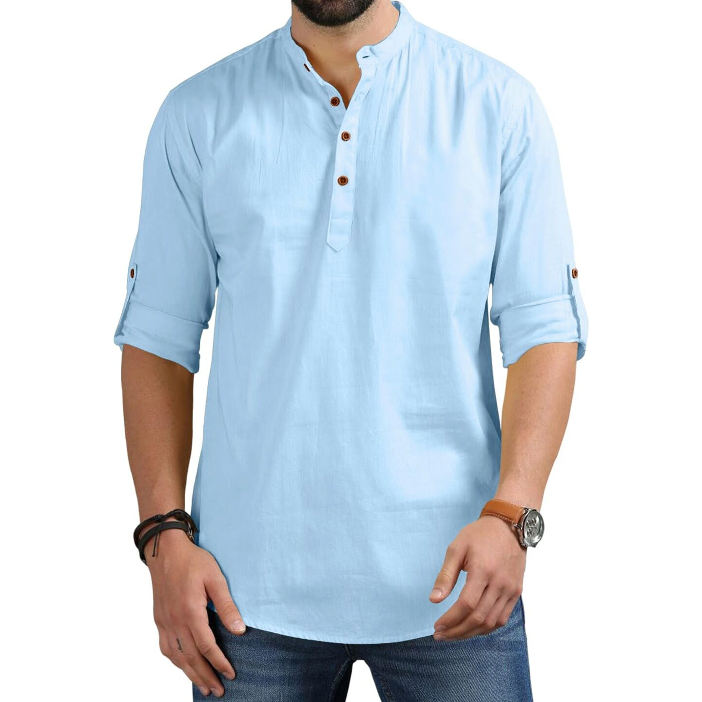 Royalscout Men's Cotton Polyester Blend Solid Regular Fit Full Sleeve Short Kurta Sky