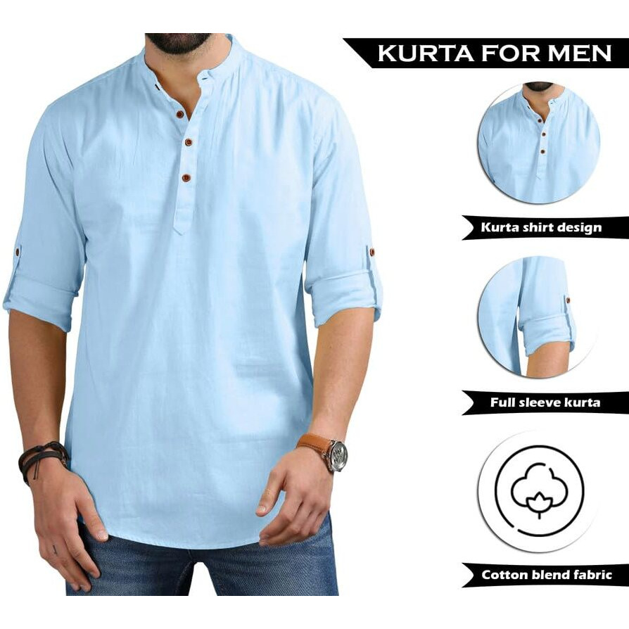 Royalscout Men's Cotton Polyester Blend Solid Regular Fit Full Sleeve Short Kurta Sky