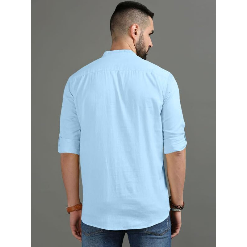 Royalscout Men's Cotton Polyester Blend Solid Regular Fit Full Sleeve Short Kurta Sky