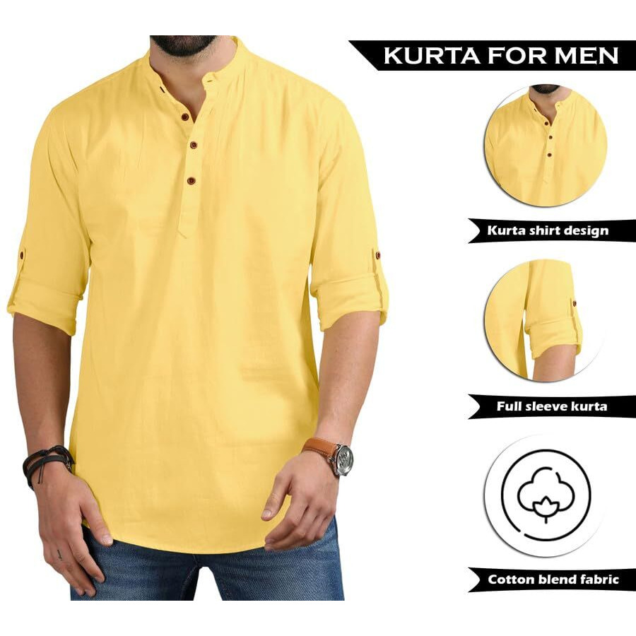 Royalscout Men's Cotton Polyester Blend Solid Regular Fit Full Sleeve Short Kurta Yellow