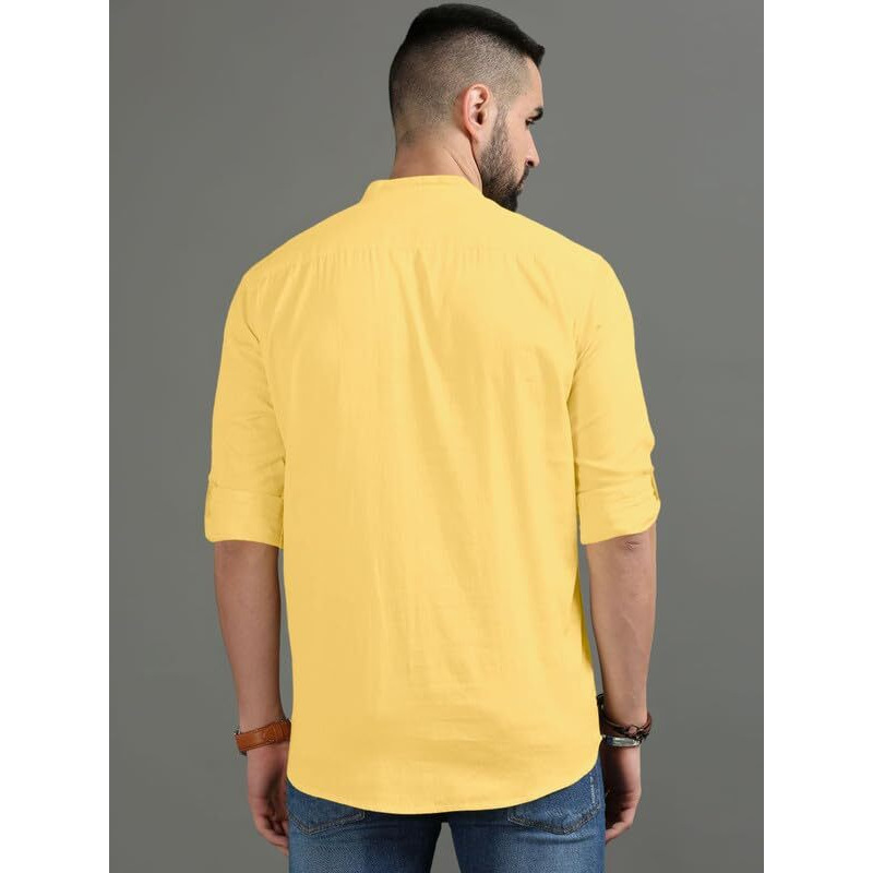 Royalscout Men's Cotton Polyester Blend Solid Regular Fit Full Sleeve Short Kurta Yellow