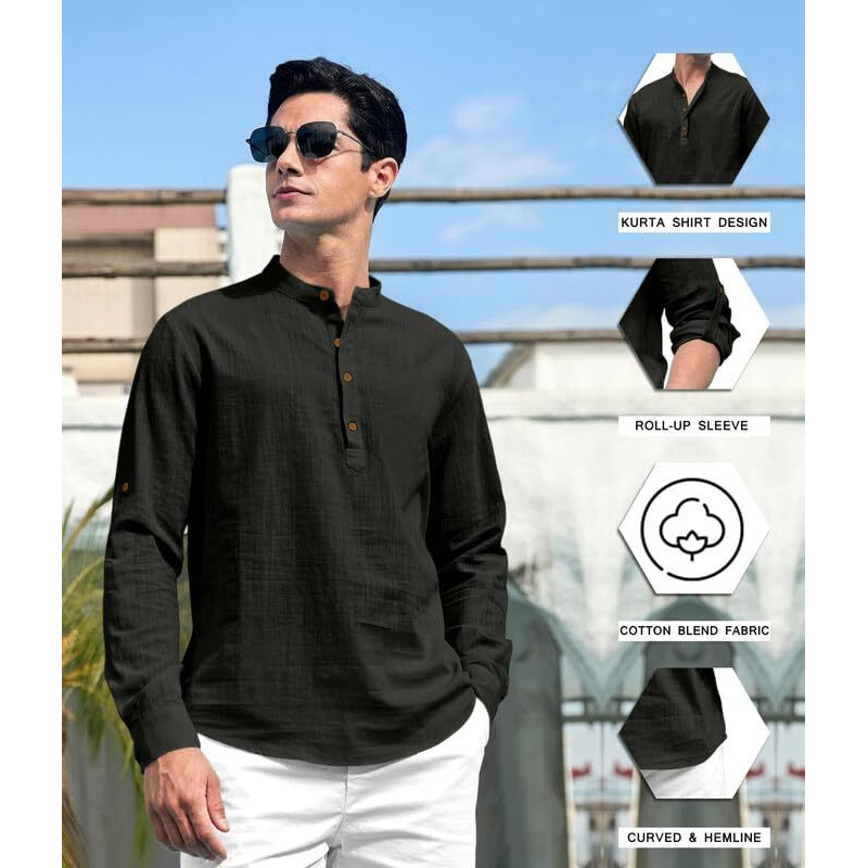 Royalscout Men's Cotton Polyester Blend Solid Regular Fit Full Sleeve Short Kurta Black