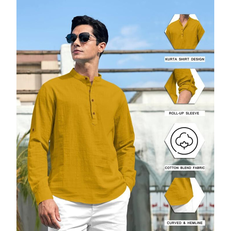 Royalscout Men's Cotton Polyester Blend Solid Regular Fit Full Sleeve Short Kurta Gold