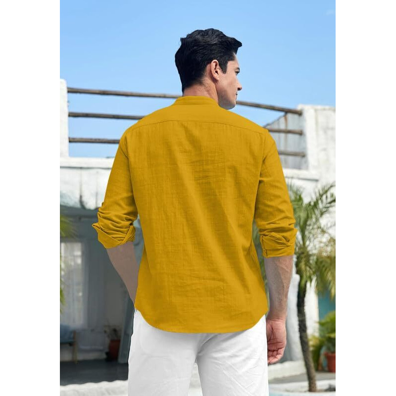 Royalscout Men's Cotton Polyester Blend Solid Regular Fit Full Sleeve Short Kurta Gold