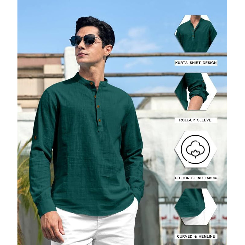 Royalscout Men's Cotton Polyester Blend Solid Regular Fit Full Sleeve Short Kurta Green