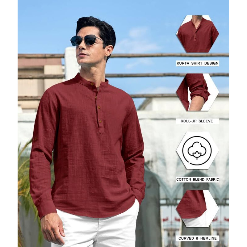 Royalscout Men's Cotton Polyester Blend Solid Regular Fit Full Sleeve Short Kurta Maroon