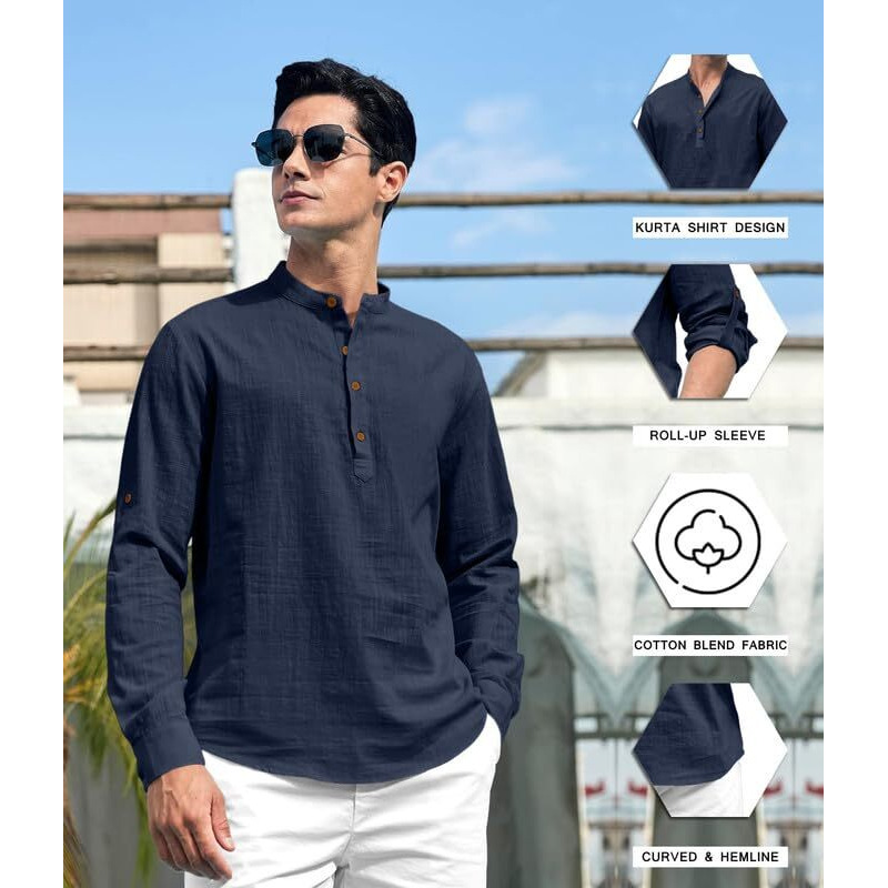 Royalscout Men's Cotton Polyester Blend Solid Regular Fit Full Sleeve Short Kurta Navy
