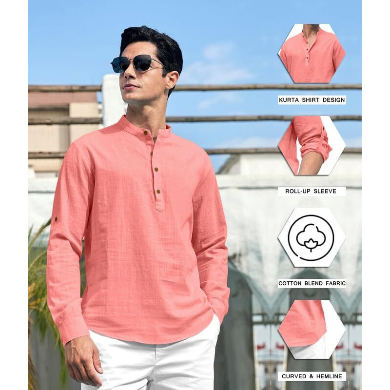 Royalscout Men's Cotton Polyester Blend Solid Regular Fit Full Sleeve Short Kurta Peach